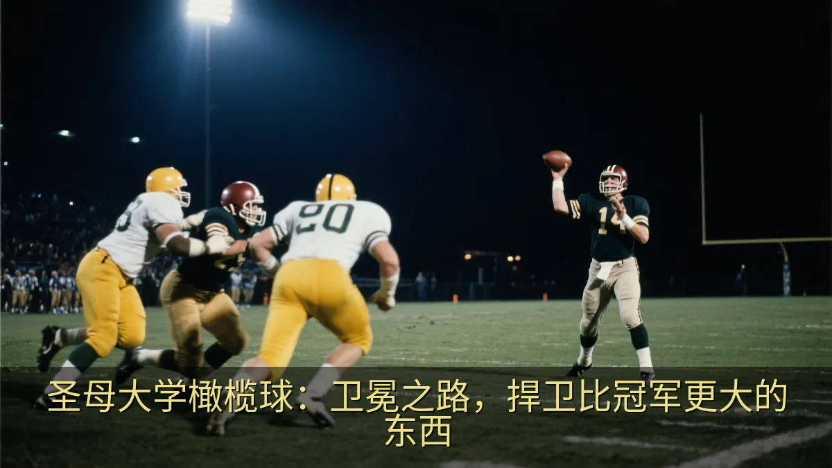夜间大学橄榄球赛场上,防守球员冲向四分卫的紧张瞬间。